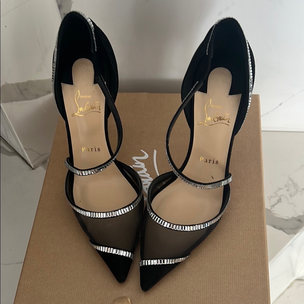 Christian Louboutin Black and Silver Crystal Embellished Heels
